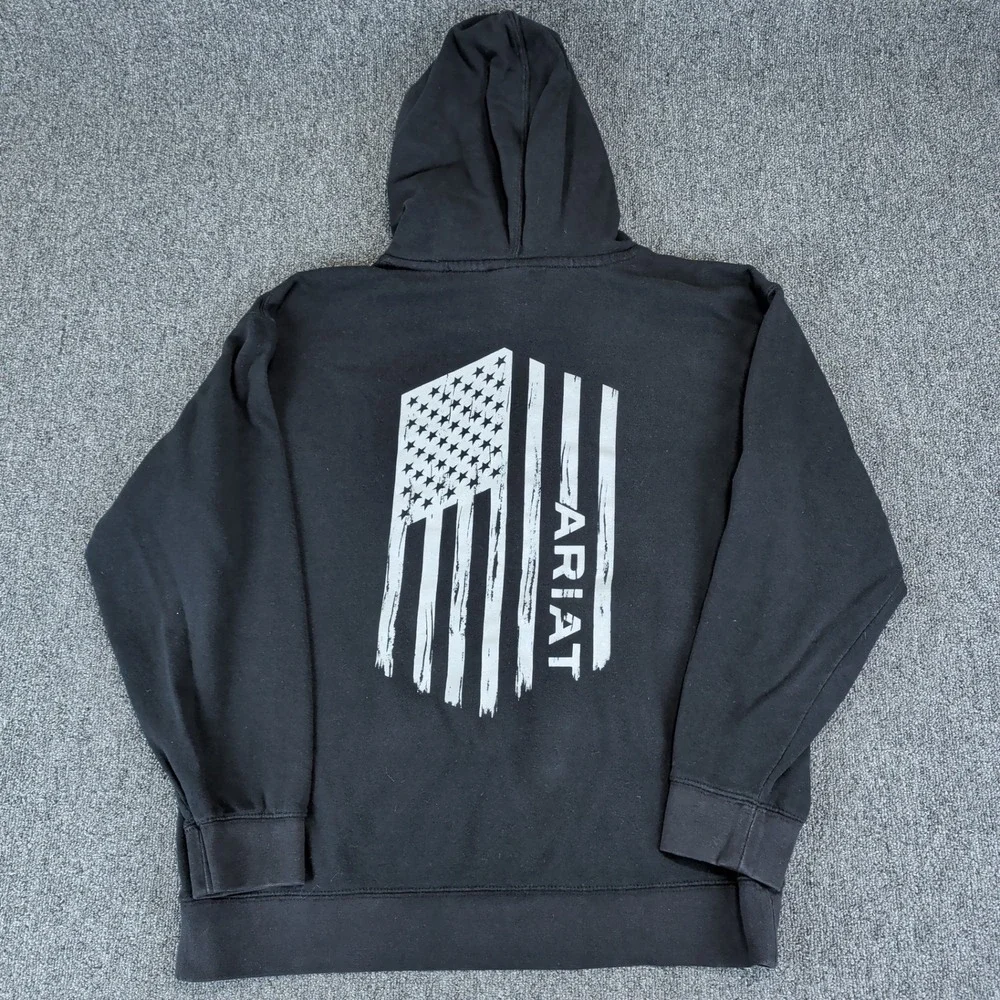 Ariat Western Americana Flag Graphic Hoodie Men Medium Black Pullover Sweatshirt